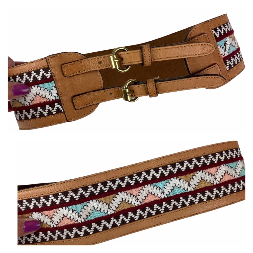 Anthropologie Leather Belt Corset Tan Aztec Boho